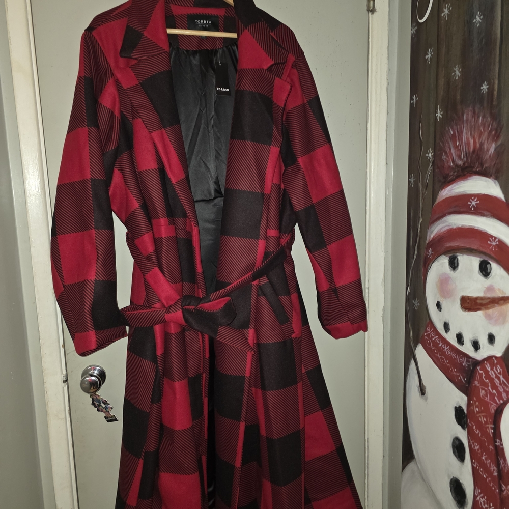 Torrid Red and Black Plaid Trench Coat - Picture 6 of 11